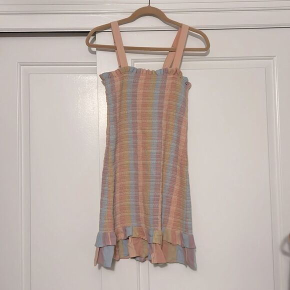Sz S, American Eagle Colorful Striped Smocked Ruffle Bodycon Dress - Picture 2 of 2